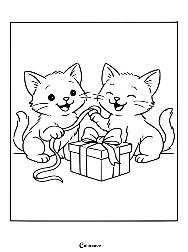 Two happy kittens playing with a ribbon on a gift box in this cute kitten coloring page.
