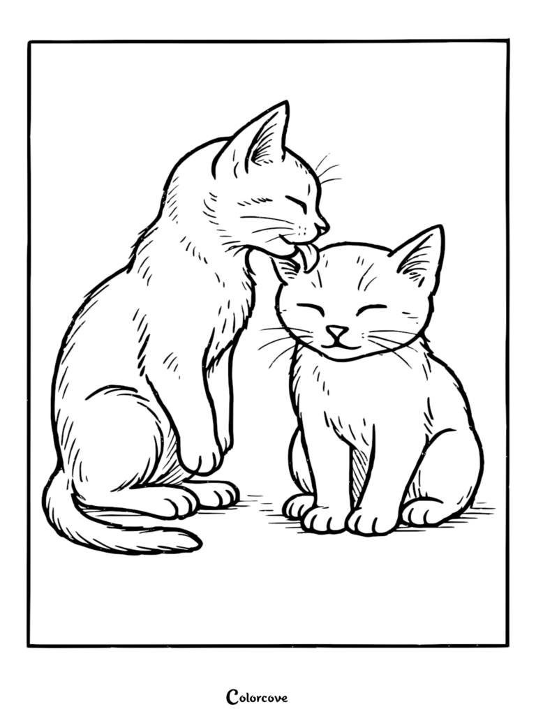 A printable coloring page featuring two cute kittens, one grooming the other with a gentle lick.