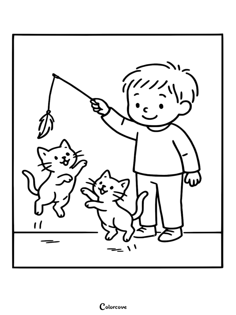 A boy playing with two cute kittens using a feather wand toy in this printable coloring page.