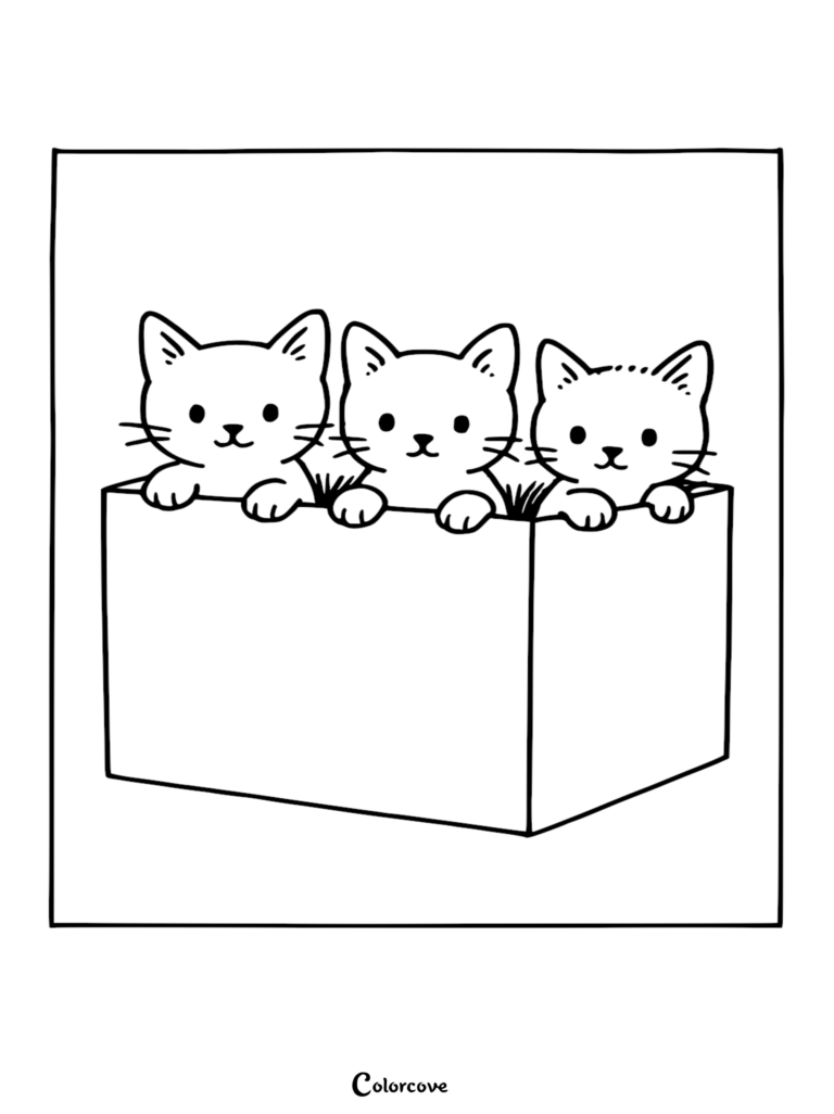 Three cute kittens peeking out of a cardboard box in this printable coloring page.