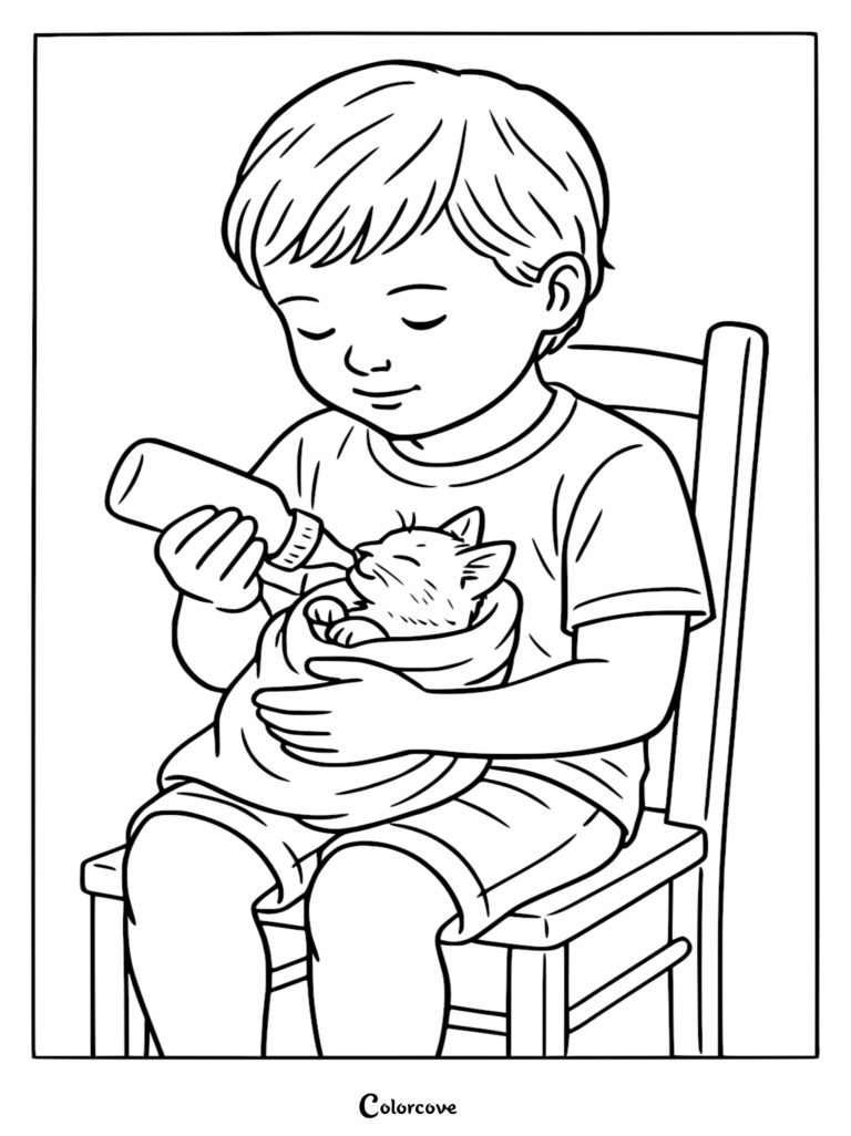 A young boy sitting on a chair bottle feeding a swaddled cute kitten in this free printable coloring page.
