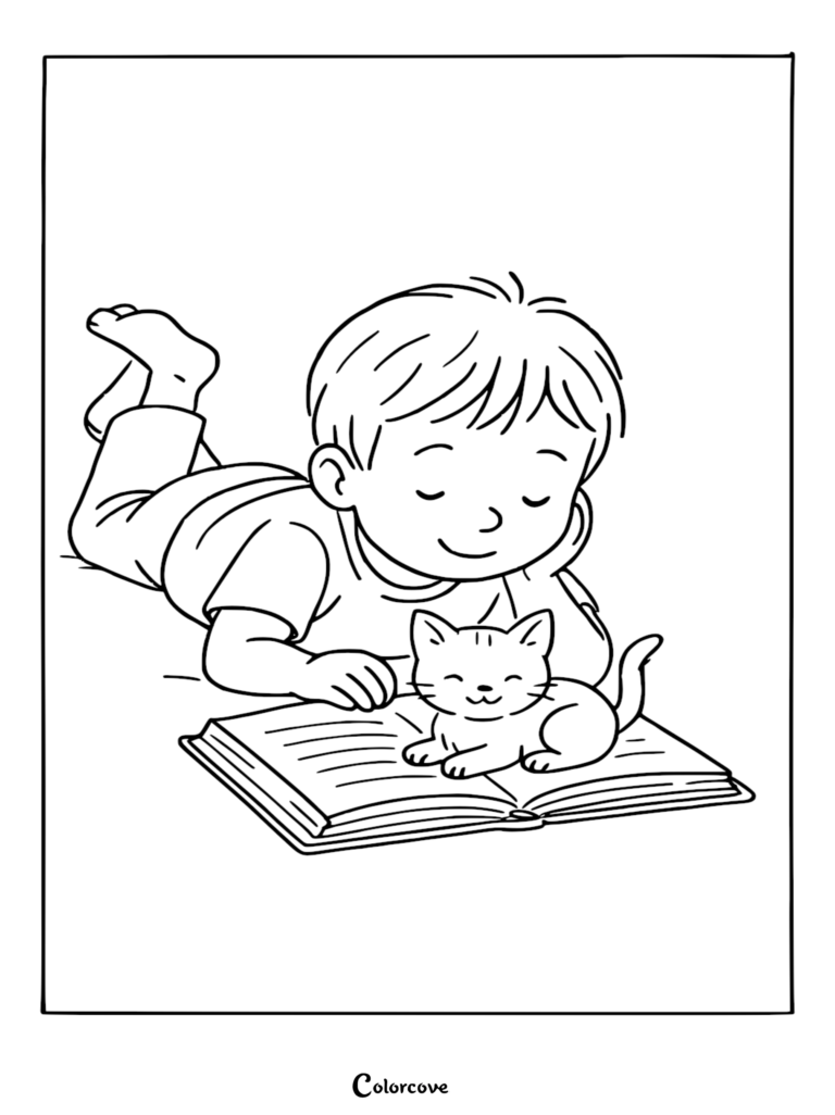A boy lying on his stomach reading a book with a cute kitten sitting on the open pages in this printable coloring page.