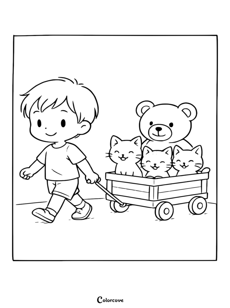 A boy pulling a wooden wagon containing a teddy bear and three kittens in this cute kitten coloring page.