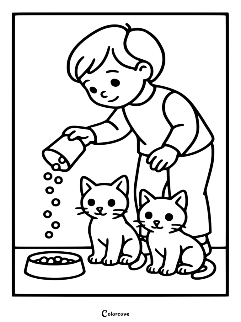 A boy pouring food into a bowl for two cute kittens in this printable coloring page.