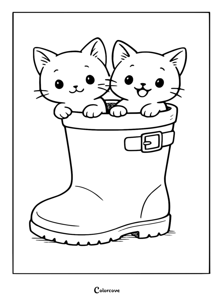 Two cute kittens sitting inside a large rubber boot in this free printable coloring page.