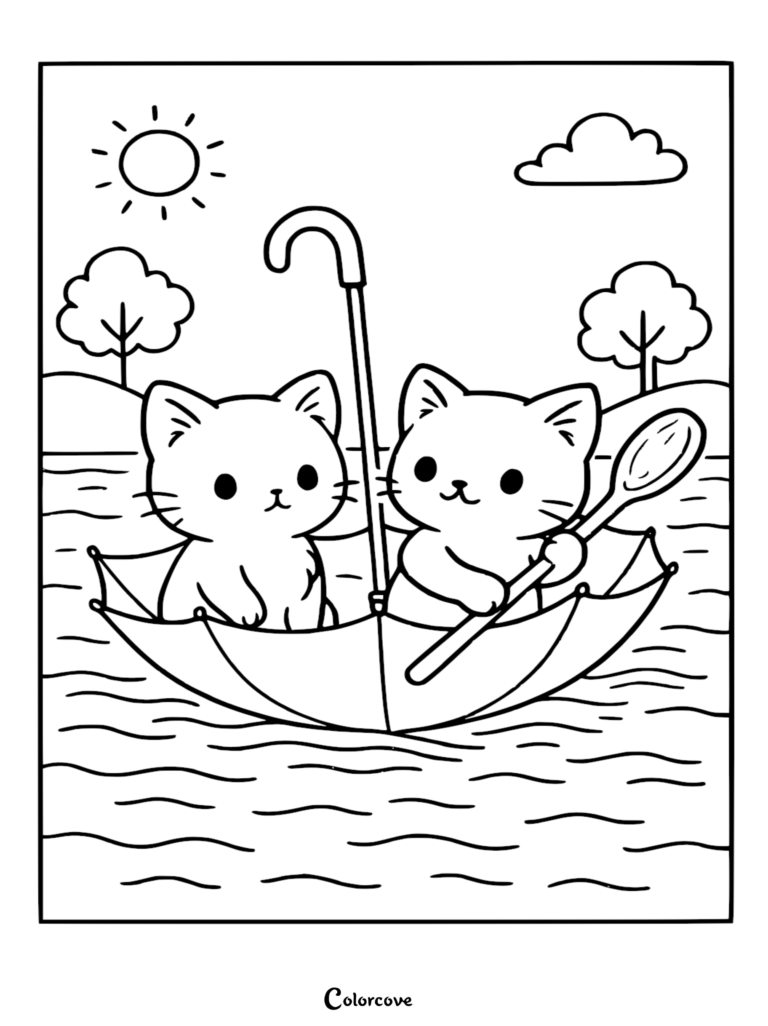 Two cute kittens rowing an umbrella boat on a lake in this free printable coloring page.