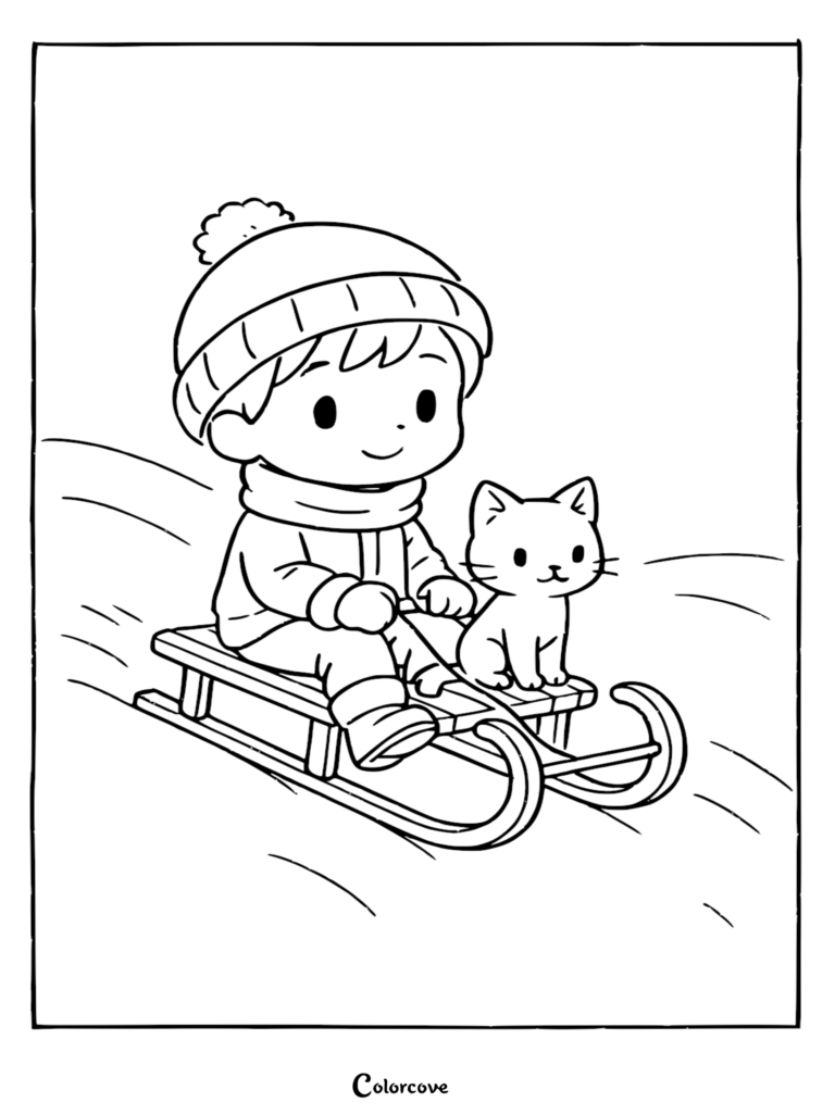 A child in a winter hat and scarf riding a wooden sled with a cute kitten, printable coloring page.