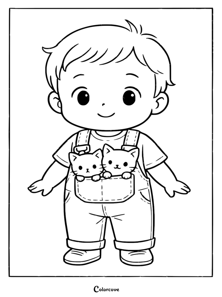 A young boy wearing overalls with two cute kittens peeking out of his front pocket in this printable coloring page.