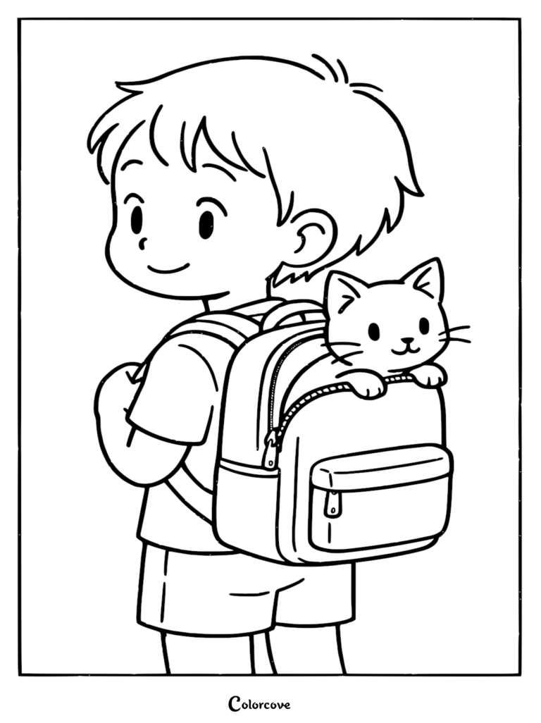A boy wearing a backpack with a cute kitten peeking out, printable coloring page.