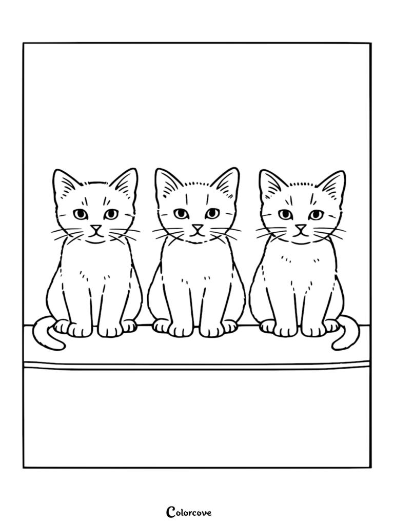 Three cute kittens sitting in a row on a ledge in this free printable coloring page.