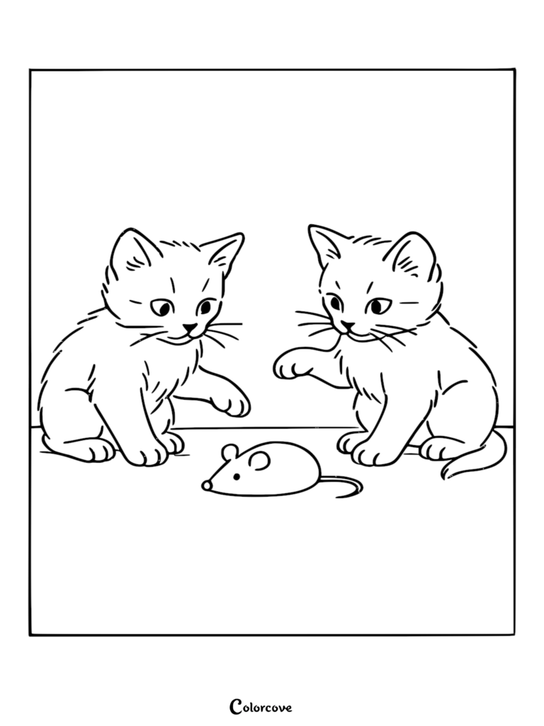 Two cute kittens playing with a toy mouse in this free printable coloring page.