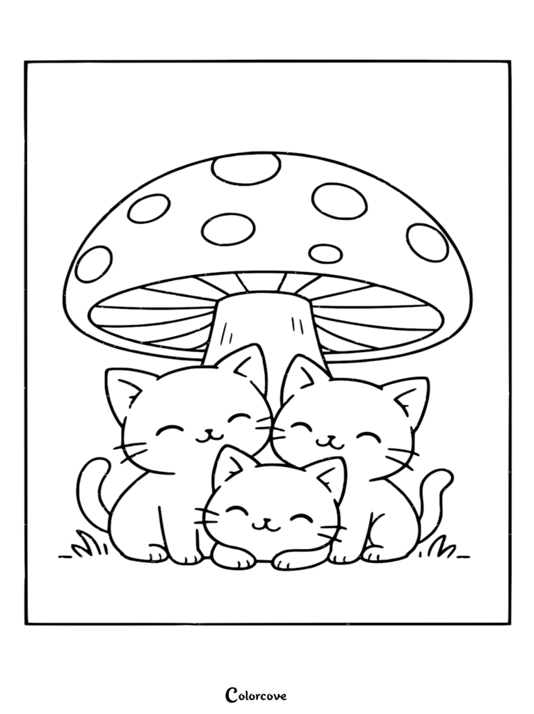 Three cute kittens sitting together under a large spotted mushroom in this free printable coloring page.