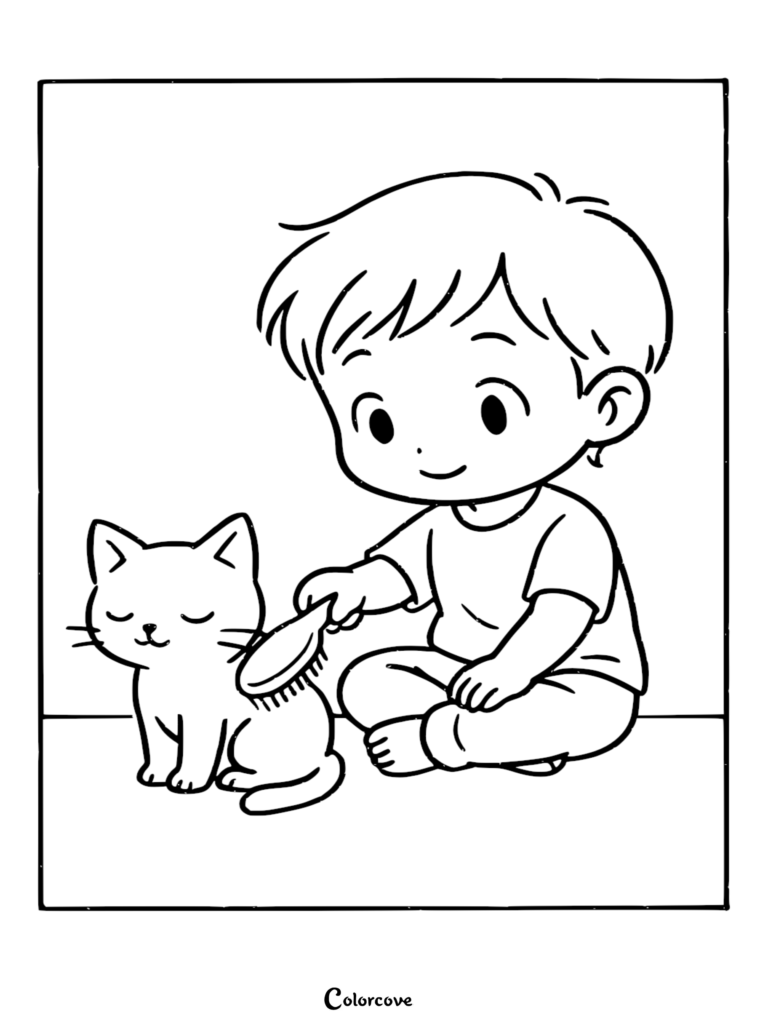 A young boy sitting on the floor brushing a cute kitten in this free printable coloring page.