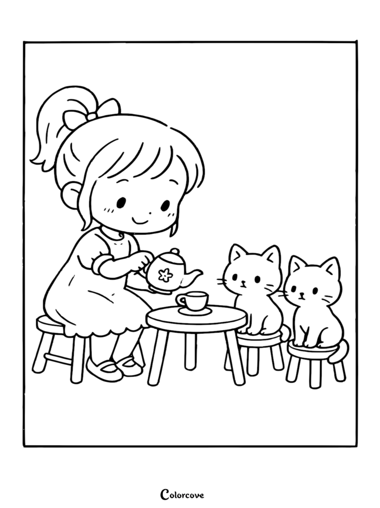 A girl pouring tea for two cute kittens at a small table in this free printable coloring page.