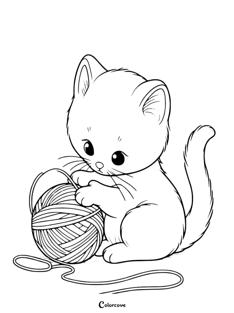 A cute kitten playing with a ball of yarn in this free printable coloring page.