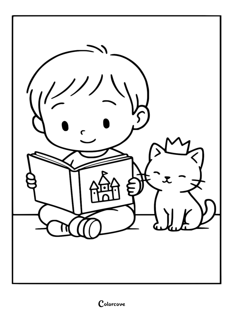 A young boy reading a storybook about a castle to a cute kitten wearing a crown in this printable coloring page.