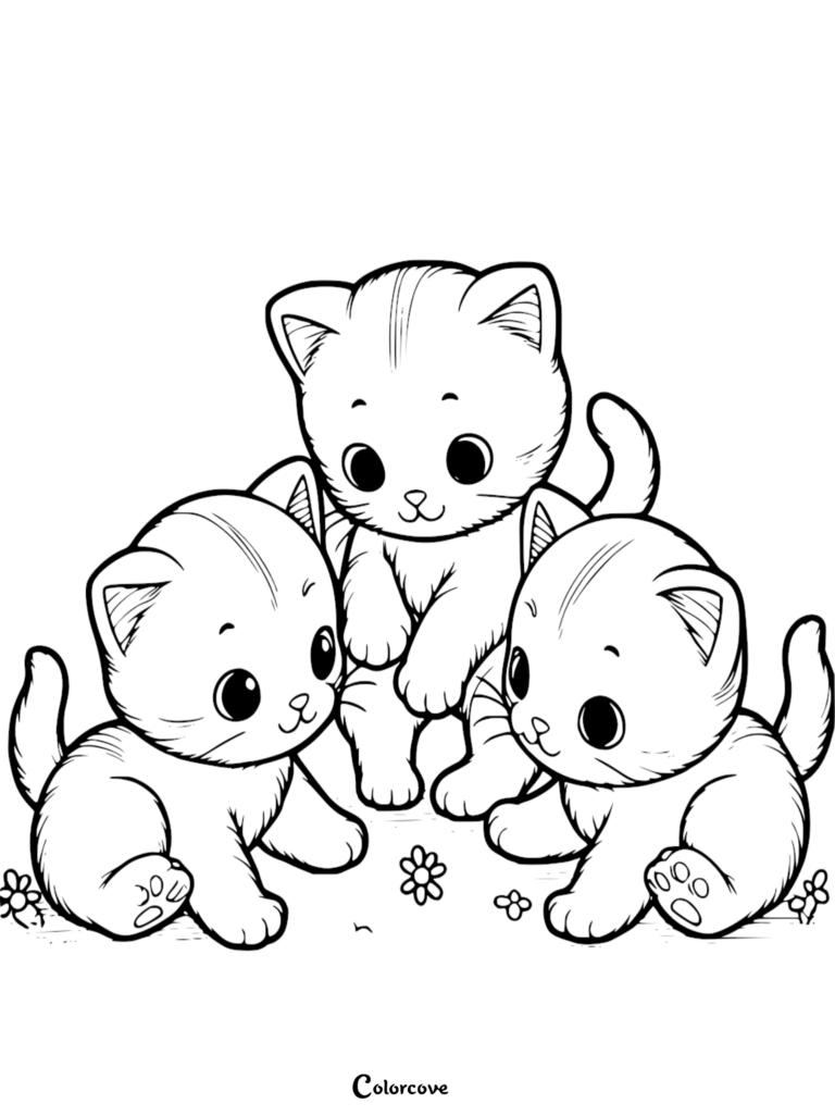 Three cute kittens sitting together in a garden, line art coloring page.