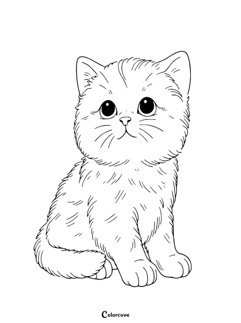 A cute kitten with large eyes sitting down in this free printable coloring page.