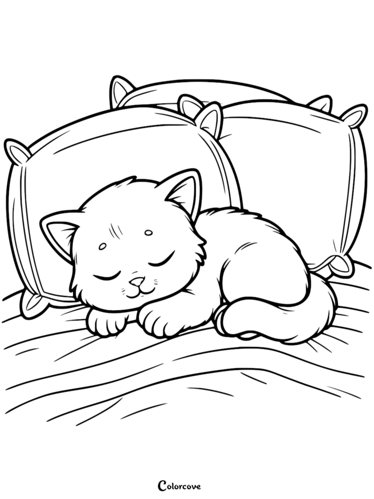 A cute kitten sleeping peacefully on two fluffy pillows, line art coloring page.