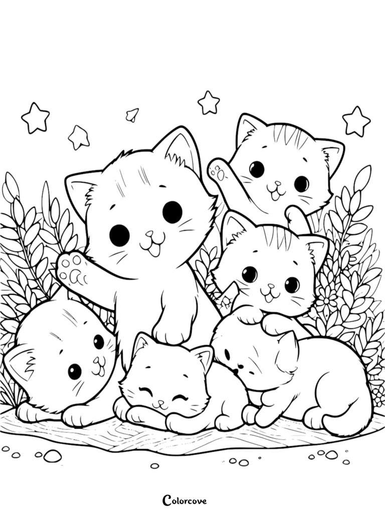 A group of five adorable kittens playing in a garden, featured in this cute kitten coloring page.