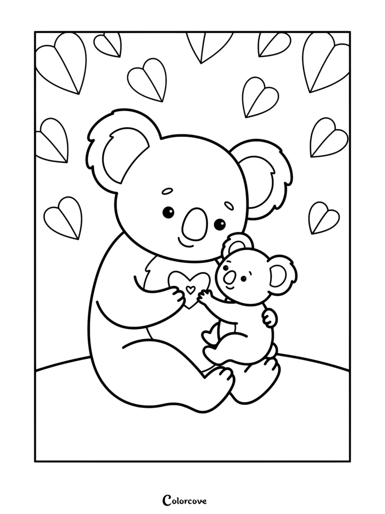 A cute koala mother holding her baby koala with a heart between them on a coloring page surrounded by floating heart shapes.