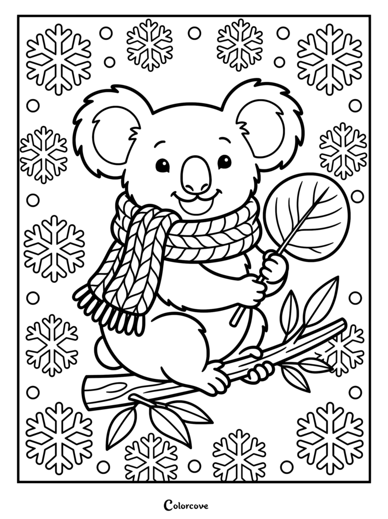 A cute koala wearing a thick knitted scarf while holding a leaf on a tree branch, surrounded by snowflakes in this printable coloring page.