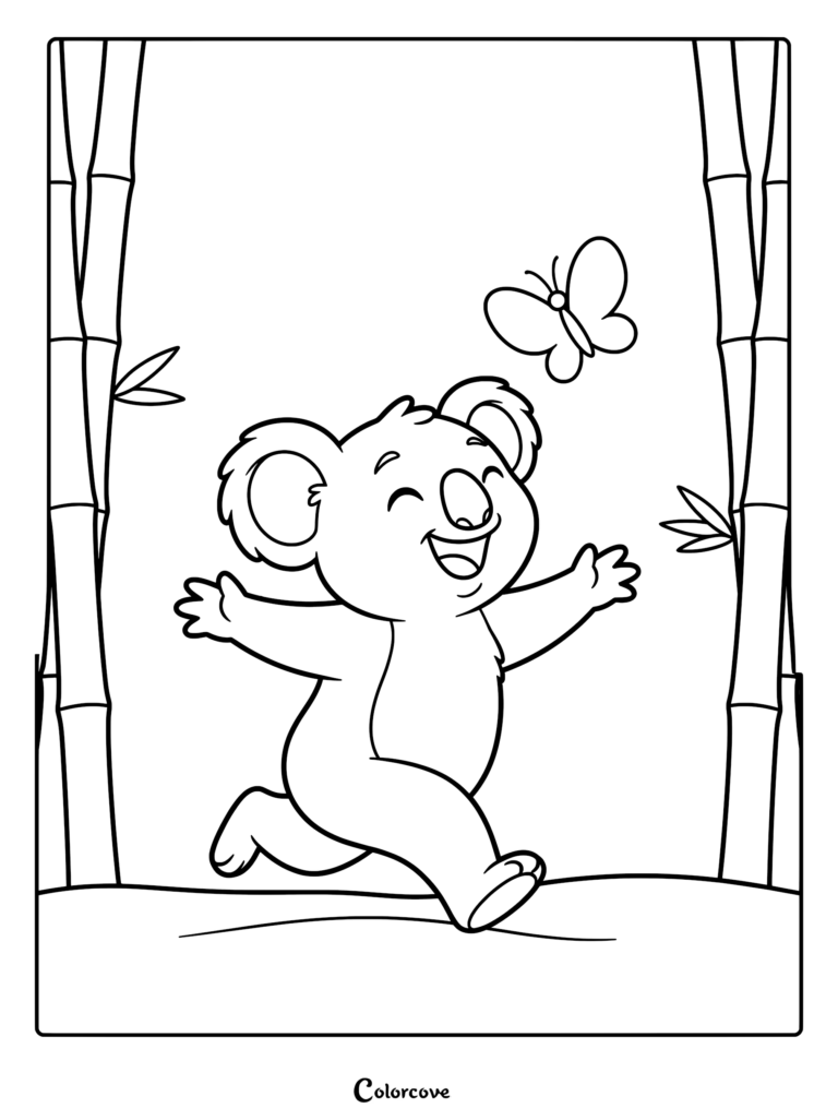 A happy koala running between bamboo stalks while chasing a butterfly in this printable coloring page.