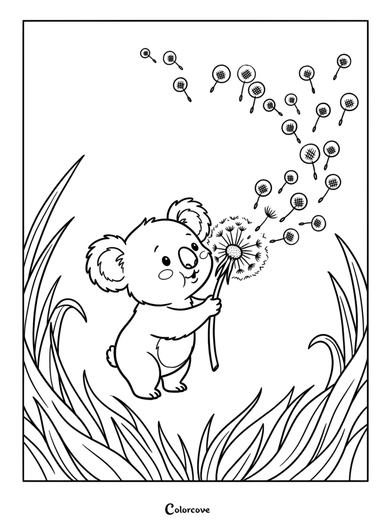 A cute koala standing in tall grass blowing on a dandelion, with seeds floating in the air, in this printable coloring page.