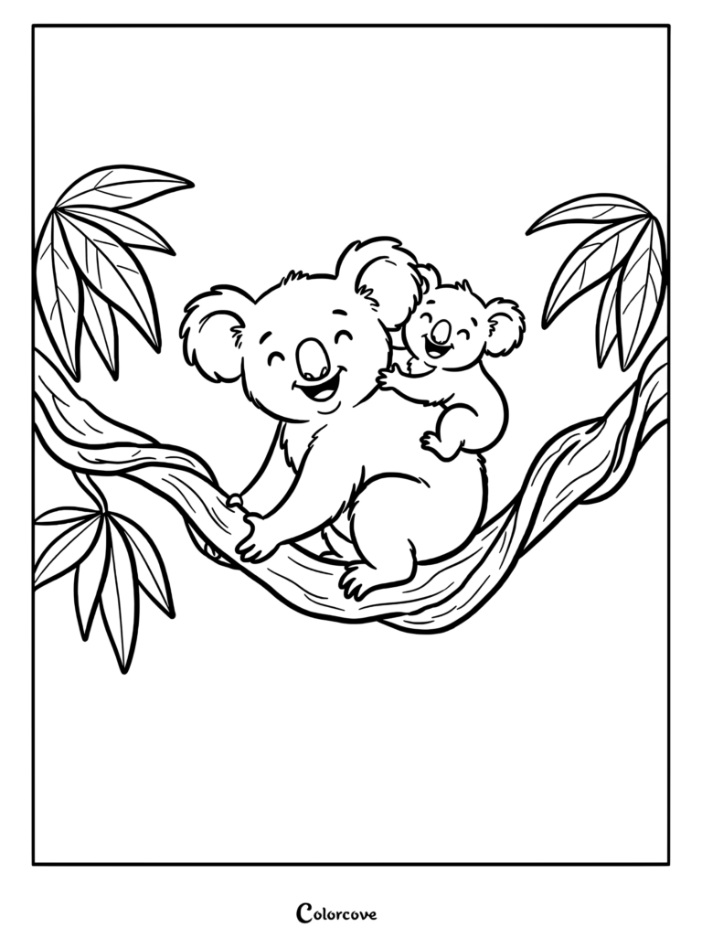 A cute koala mother carrying her baby on her back while sitting on a tree branch in this printable coloring page.