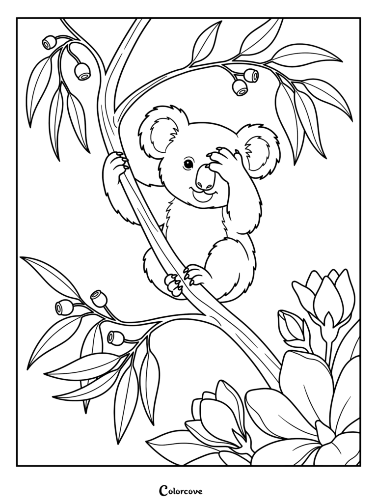 A cute koala covering one eye with its paw while clinging to a eucalyptus branch in this printable coloring page.