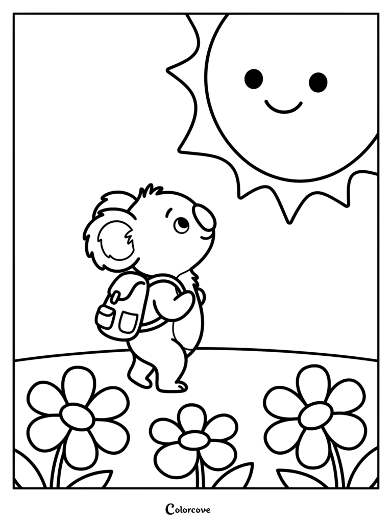 A cute koala wearing a backpack walking through a flower field under a smiling sun coloring page.