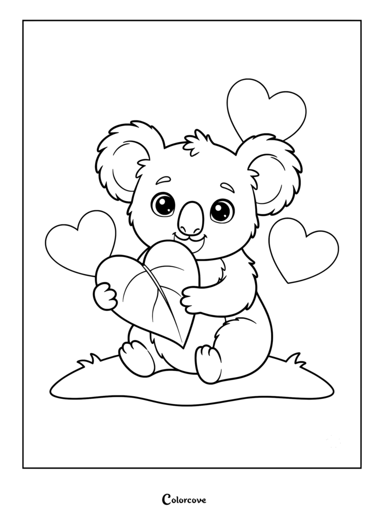 Cute koala holding a heart-shaped leaf surrounded by floating hearts in this printable coloring page.