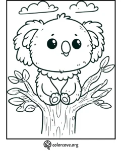 Cute koala coloring page for kids featuring a koala sitting on a tree branch with clouds in the background.