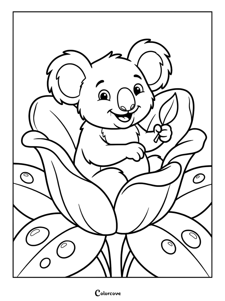 A cute koala holding a leaf while sitting inside a large blooming flower coloring page.