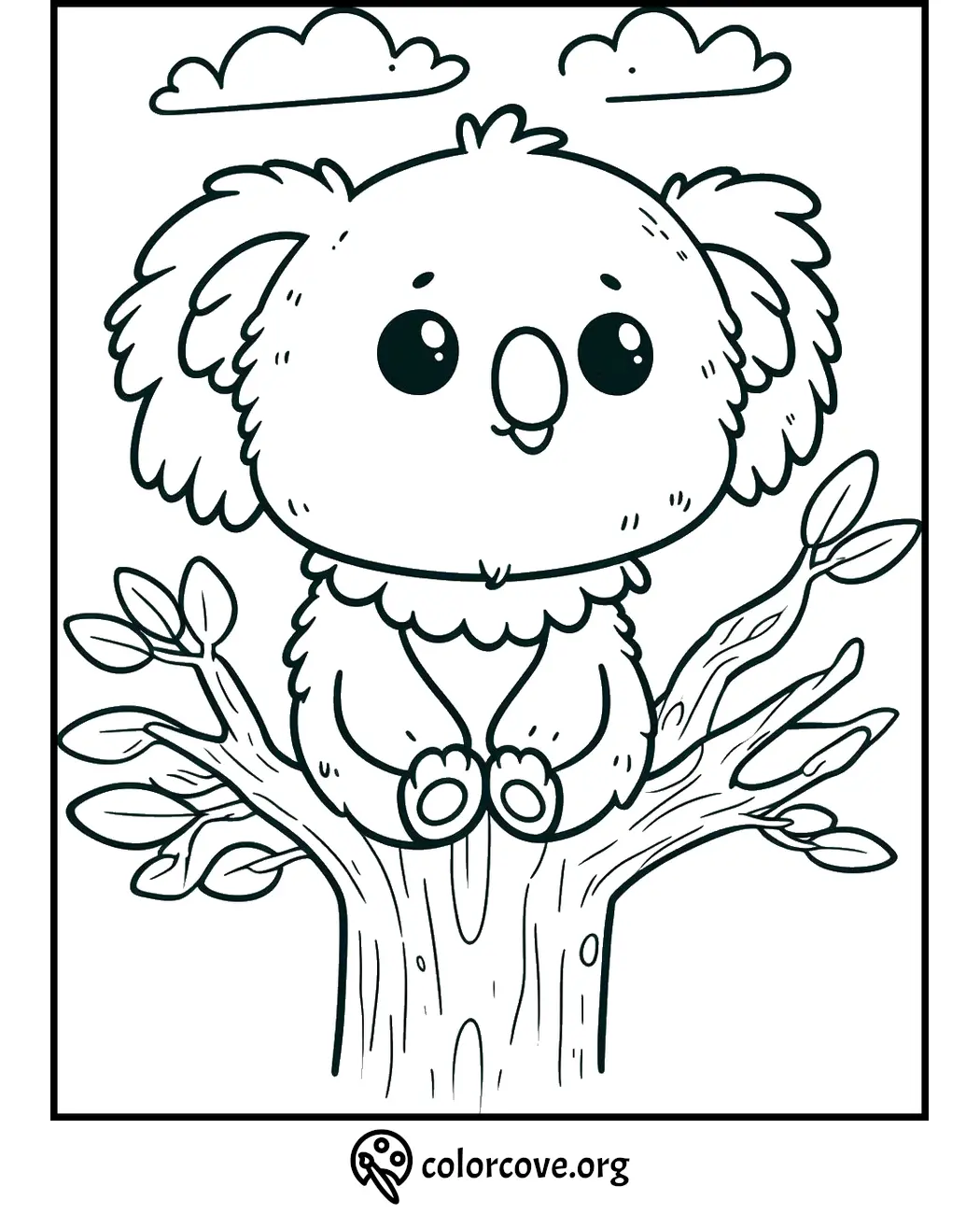 Cute koala coloring page for kids featuring a koala sitting on a tree branch with clouds in the background.