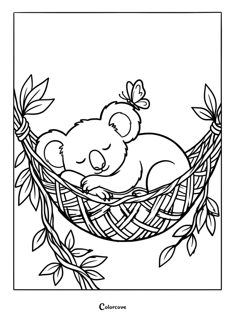 A cute koala sleeping peacefully in a woven hammock with a butterfly resting on its ear, coloring page.