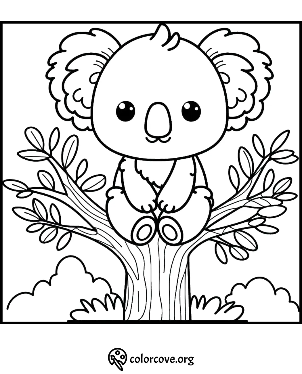 Cute koala bear coloring page featuring a koala sitting in a tree, ready to be colored by kids.