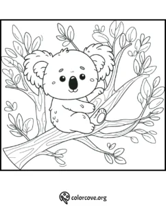 Coloring page featuring a cute koala sitting on a tree branch, suitable for kids and adults to color.