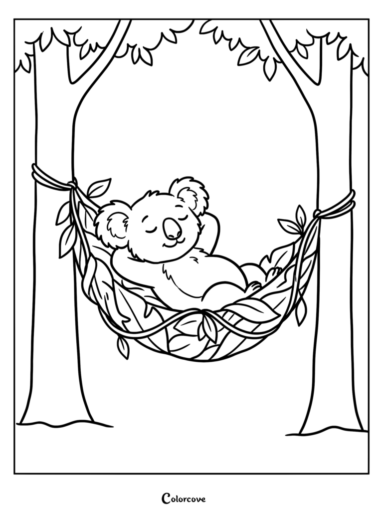 A cute koala sleeping peacefully in a vine hammock between two trees, coloring page style line art.