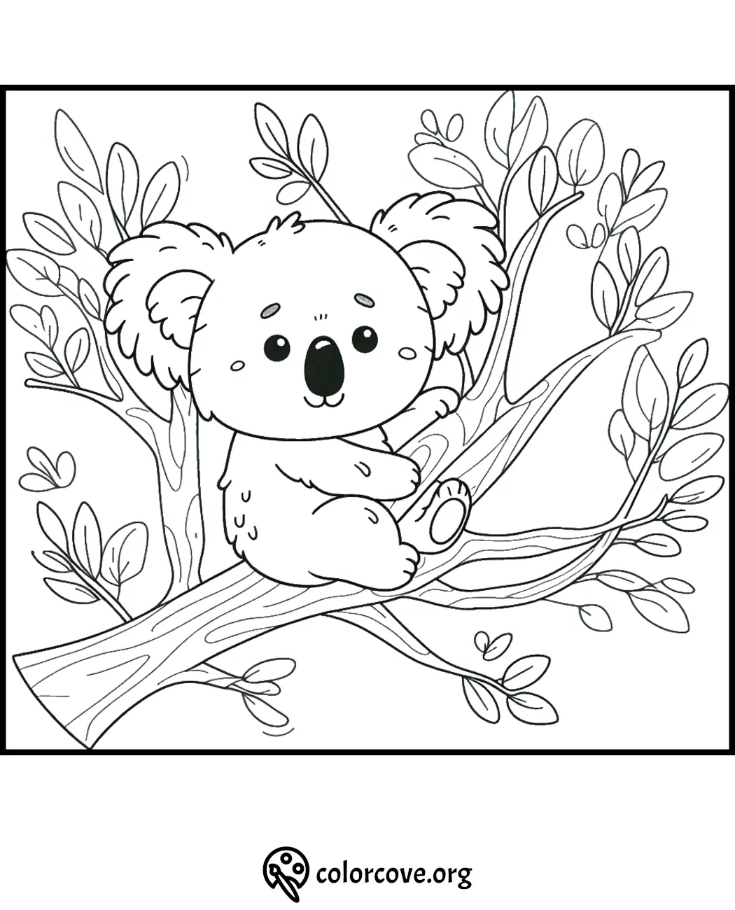 Coloring page featuring a cute koala sitting on a tree branch, suitable for kids and adults to color.