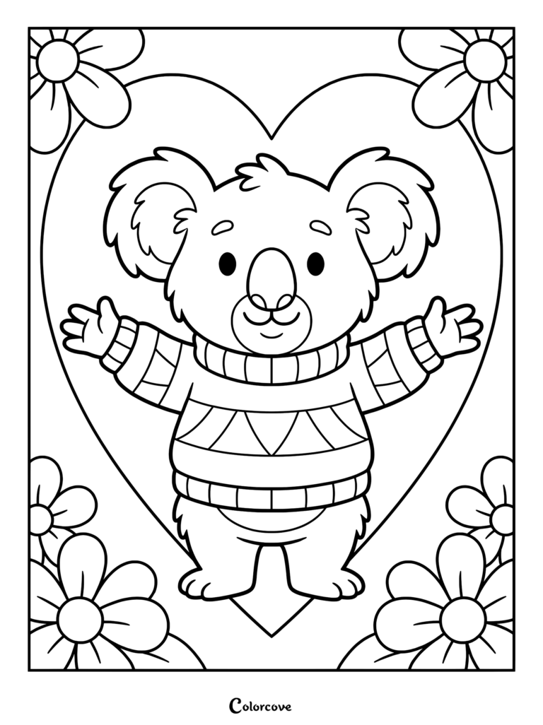 A cute koala wearing a patterned sweater standing in front of a large heart shape surrounded by flowers on a coloring page.