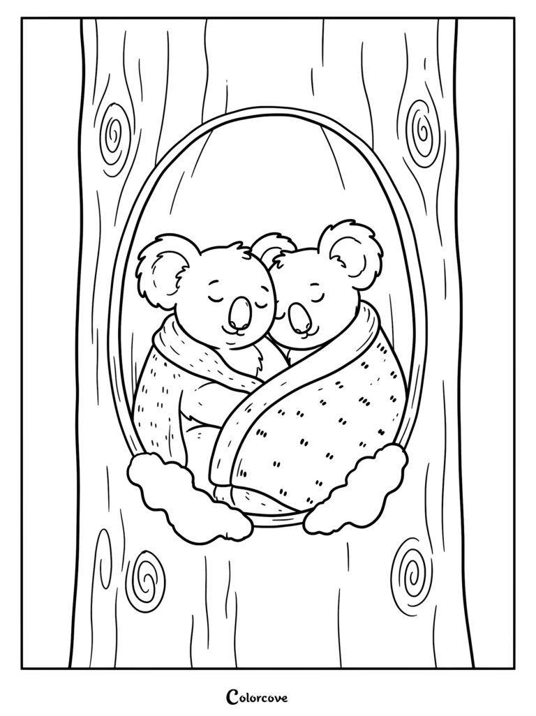 Two cute koalas snuggled together under a blanket inside a tree hollow coloring page