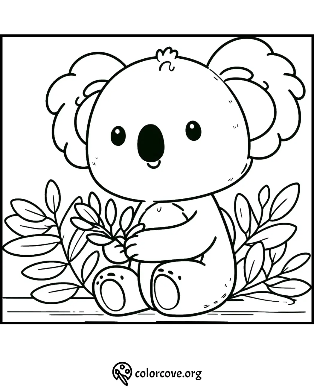 Cute koala bear coloring page for kids featuring a koala sitting with leaves in the background - fun printable activity.