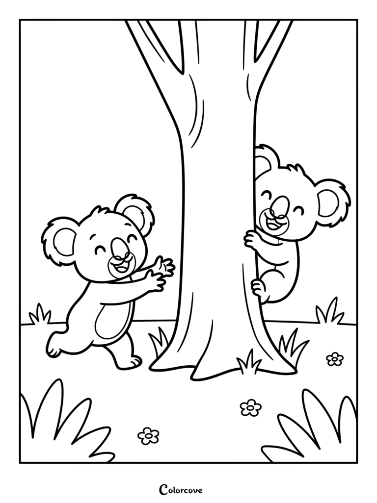 Two cute koalas playing hide and seek around a large tree in a coloring page format.