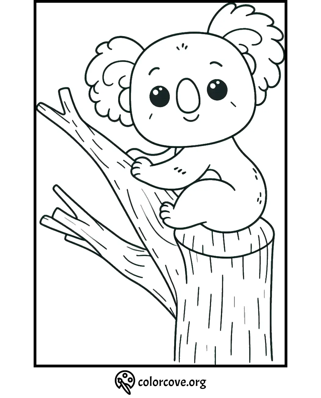 Cute koala coloring page for kids featuring a koala sitting on a tree branch. Perfect for fun and educational activities.