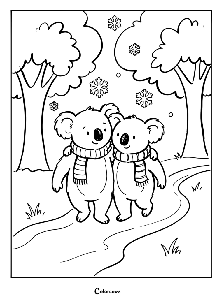 Two cute koalas wearing striped scarves walking together on a snowy path in a forest, coloring page style line art.