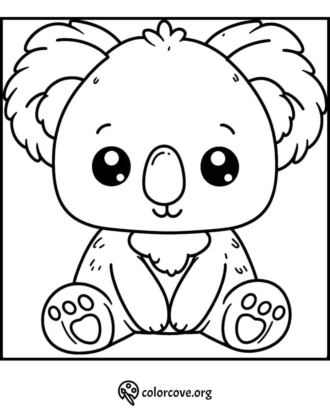 Cute koala coloring page for kids featuring an adorable koala bear with big eyes and fluffy ears. Free printable download.