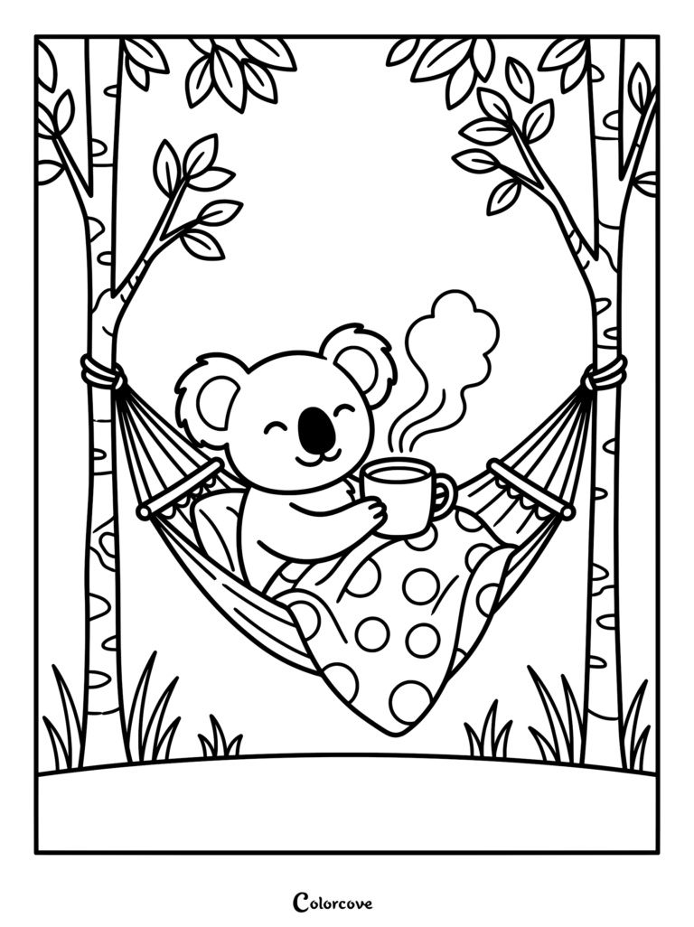 A cute koala holding a steaming mug of coffee while resting under a polka dot blanket in a hammock between two trees, printable coloring page.