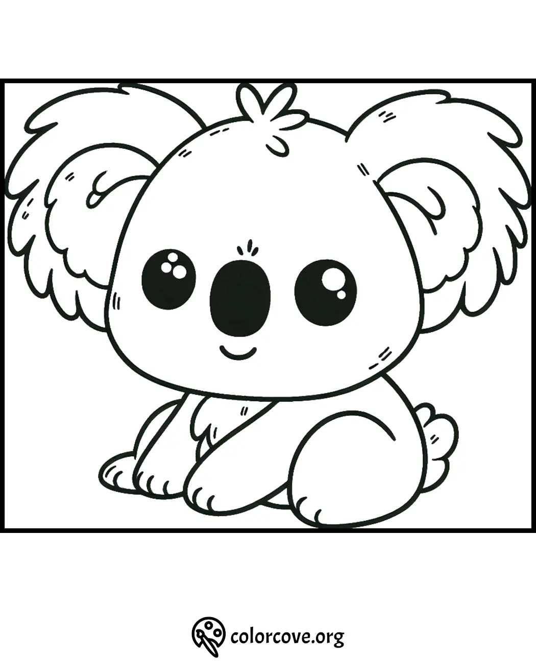 Adorable koala bear coloring page for kids. Cute cartoon koala with big eyes and fluffy ears. Print and color fun!