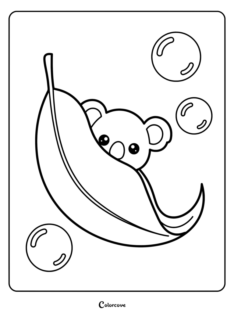 A cute koala peeking from behind a large leaf with floating bubbles in this printable coloring page.
